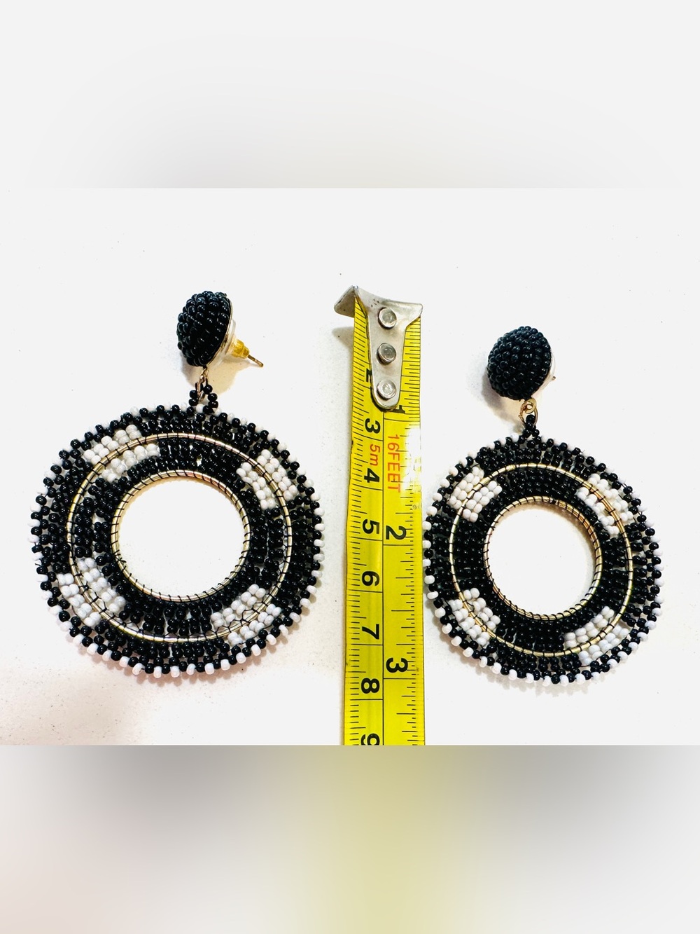 Black White Beaded Statement Earrings Oversized Boho Hoop Dangle - Picture 5 of 7